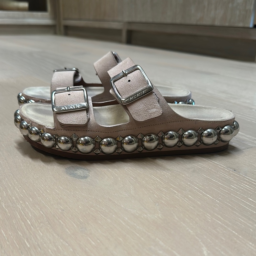 Alaia Pink Sandals with Silver Buckles